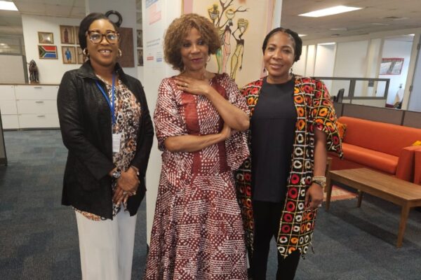 The Assistant Secretary General of the United Nations who also doubles as the UNDP Assistant Administrator and Director Regional Bureau for Africa, Ms. Ahunna Eziakonwa-Onochie (m), Mrs. Priscilla Otti (R) and aide