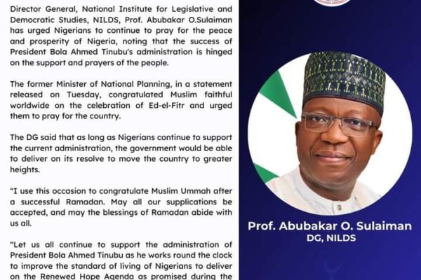 Eid-el-Fitr: Sustain Your Prayers for Nigeria, Prof Sulaiman Urges Muslims.