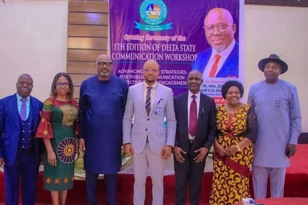 Pictorial caption From Left To Right: Dr. Emmanuel Akpoveta, Dean School of ICT Delta State Polytechnic Ogwashi-Uke (Trainer Prof. Abigail Ogwezzy-Ndisika, Renowned Communication Scholar and Director University of Lagos ICE, Secretary to the Delta State Governor, Mr. Kinsley Emu, Rt. Emomotimi Guwor representing the Speaker of Delta State House of Assembly, Dr. Fred Latimore Oghenesivbe, Esq. Director General Delta State Orientation and Communication Bureau (DELCOM Workshop Facilitator), Prof. Joyce Ogwezi, HOD Mass Communication Department in Dennis Osadebay University Asaba as Trainer, and Delta State Commissioner for Higher Education, Prof. Nyerhovwo Tonukari