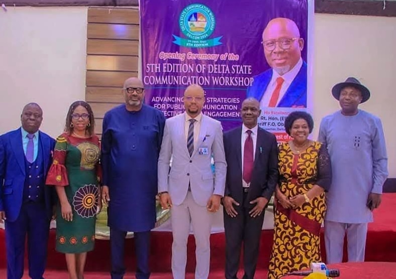 Pictorial caption From Left To Right: Dr. Emmanuel Akpoveta, Dean School of ICT Delta State Polytechnic Ogwashi-Uke (Trainer Prof. Abigail Ogwezzy-Ndisika, Renowned Communication Scholar and Director University of Lagos ICE, Secretary to the Delta State Governor, Mr. Kinsley Emu, Rt. Emomotimi Guwor representing the Speaker of Delta State House of Assembly, Dr. Fred Latimore Oghenesivbe, Esq. Director General Delta State Orientation and Communication Bureau (DELCOM Workshop Facilitator), Prof. Joyce Ogwezi, HOD Mass Communication Department in Dennis Osadebay University Asaba as Trainer, and Delta State Commissioner for Higher Education, Prof. Nyerhovwo Tonukari