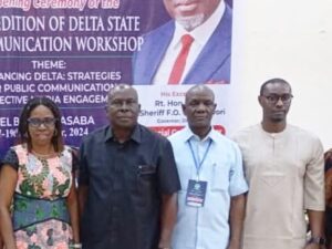 Pictorial caption: From Left to Right:Mr. Reginald Bayoko, the Delta State Head of Service, represented by Chucks Aguonye, Prof. Joyce Ogwezi, HOD Mass Communication Department in Dennis Osadebay University Asaba as Trainer, Dr. Barry Gbe, the Chief Economist Adviser to the Governor of Delta State, Prof. Abigail Ogwezzy-Ndisika, Renowned Communication Scholar and Director University of Lagos ICE, Chief Trainer,
Mr. Mideno Bayagbon, Former Editor of Vanguard Newspaper and Publisher of The NewsGuru, Dr. Fred Latimore Oghenesivbe, Esq. Director General Delta State Orientation and Communication Bureau (DELCOM Workshop Facilitator), Secretary to the State Governor, Mr. Kinsley Emu represented by Commissioner for Transport Mr. Onoriode Agofure and Dr. Emmanuel Akpoveta, Dean School of ICT Delta State Polytechnic Ogwashi-Uke (Trainer