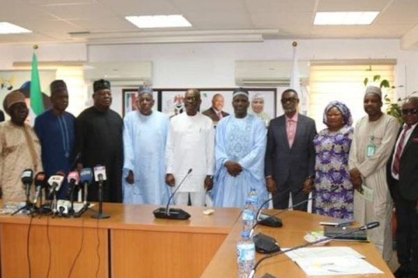 4th,Right , Executive Secretary, Chief Executive Officer, ES CEO, Universal Basic Education Commission UBEC, Dr Hamid Bobboyi and his management team, flanked by the Minister of FCT , Barrister Nyesom Wike and his directors at FCT during the visit of the management of UBEC to his office in Abuja.