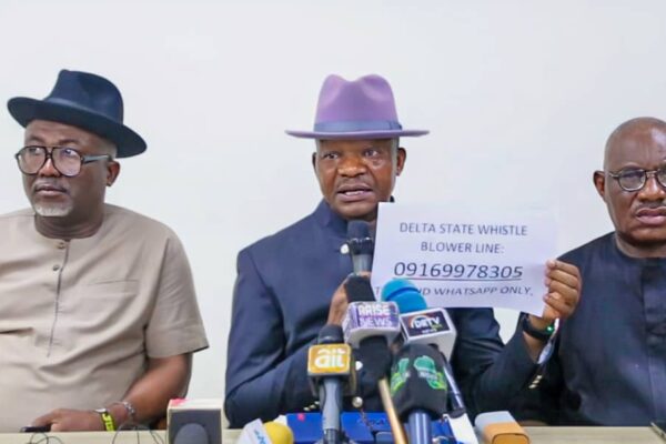 Delta State Commissioner for Works (Rural Roads) and Public Information, Mr. Charles Aniagwu (M), Flanked by Chief Press Secretary to the Governor, Sir Festus Ahon and Executive Assistant to the Governor on Public Enlightenment (Projects and Policies), Mr. Olisa Ifeajika