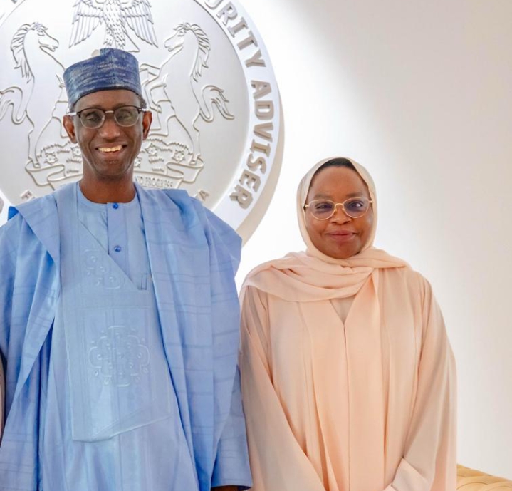 National Security Adviser, Mallam Nuhu Ribadu and Executive Secretary of the Universal Basic Education Commission (UBEC), Aisha Garba