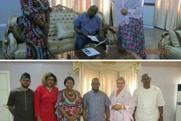 Executive Governor of Kogi State, Alhaji Yahaya Bello seated, Barr. Natasha Hadiza Akpoti (R) and Fatima Bombom Sani (L)