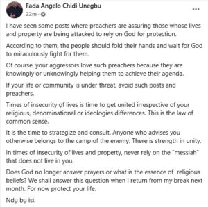 Benue Killings: Don't rely solely on God for protection if your life or community is under attack - Catholic Priest, Rev. Fr. Chidi Unegbu